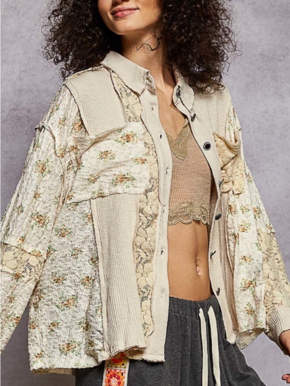 #189-34 POL New Cream Patchwork Button-Up Shirt